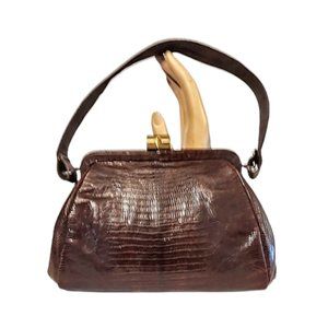 1940s Vintage Brown Genuine Lizard Skin Small Box Handbag With Top Handle Purse